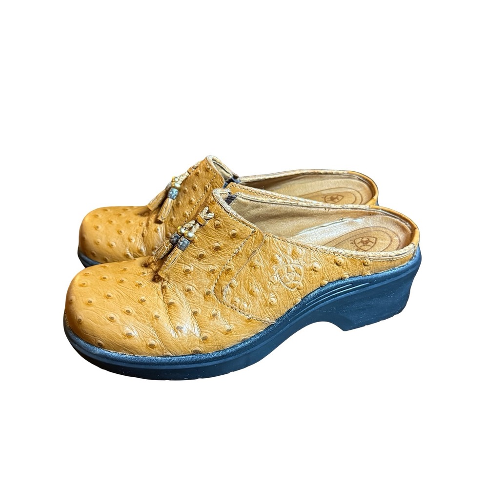 Ariat Mules Women 8B Tan Ostrich Print Tassel Clog 93841 Western Slip On Shoes